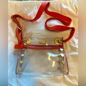 Hammitt Tony small clear with orange leather and brushed gold hardware